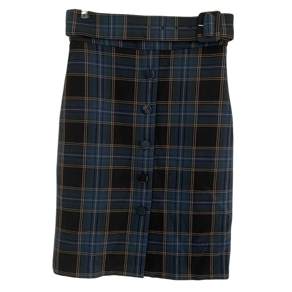 Maeve Anthropologie Plaid Belted Button Front Pencil Skirt Navy Office Casual 4 - Picture 2 of 9